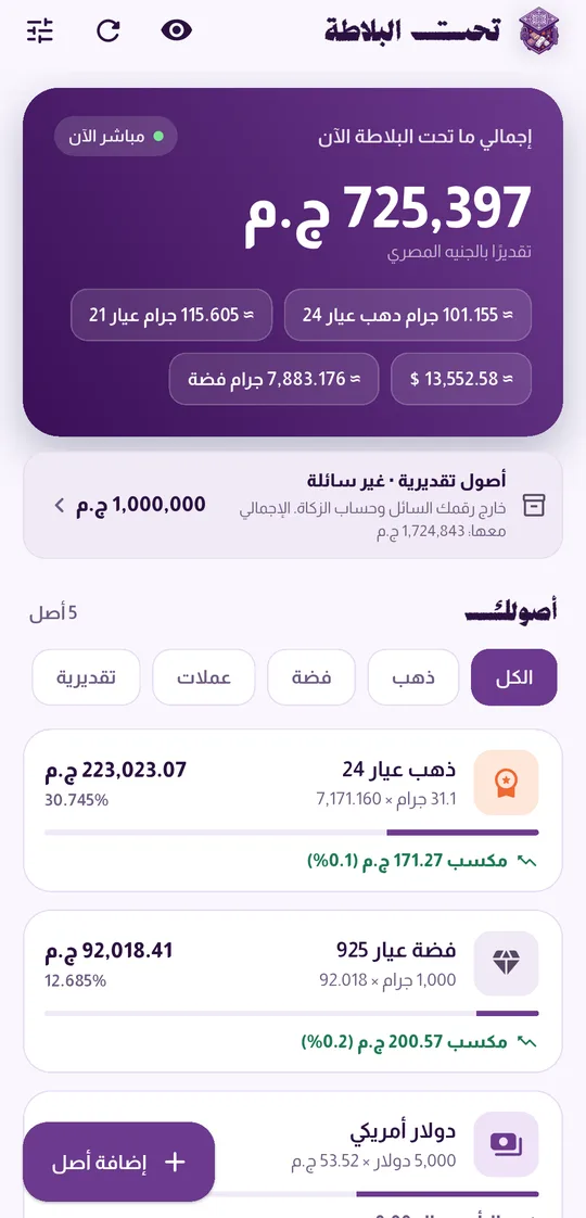 الشاشة الرئيسية: إجمالي ما تحت البلاطة بالجنيه المصري، وما يعادله ذهبًا وفضةً ودولارًا، وقائمة الأصول